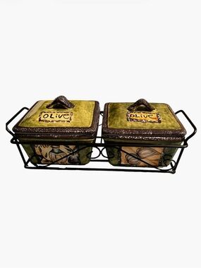 Parini Olive Ceramic Condiment Jars with Metal Rack